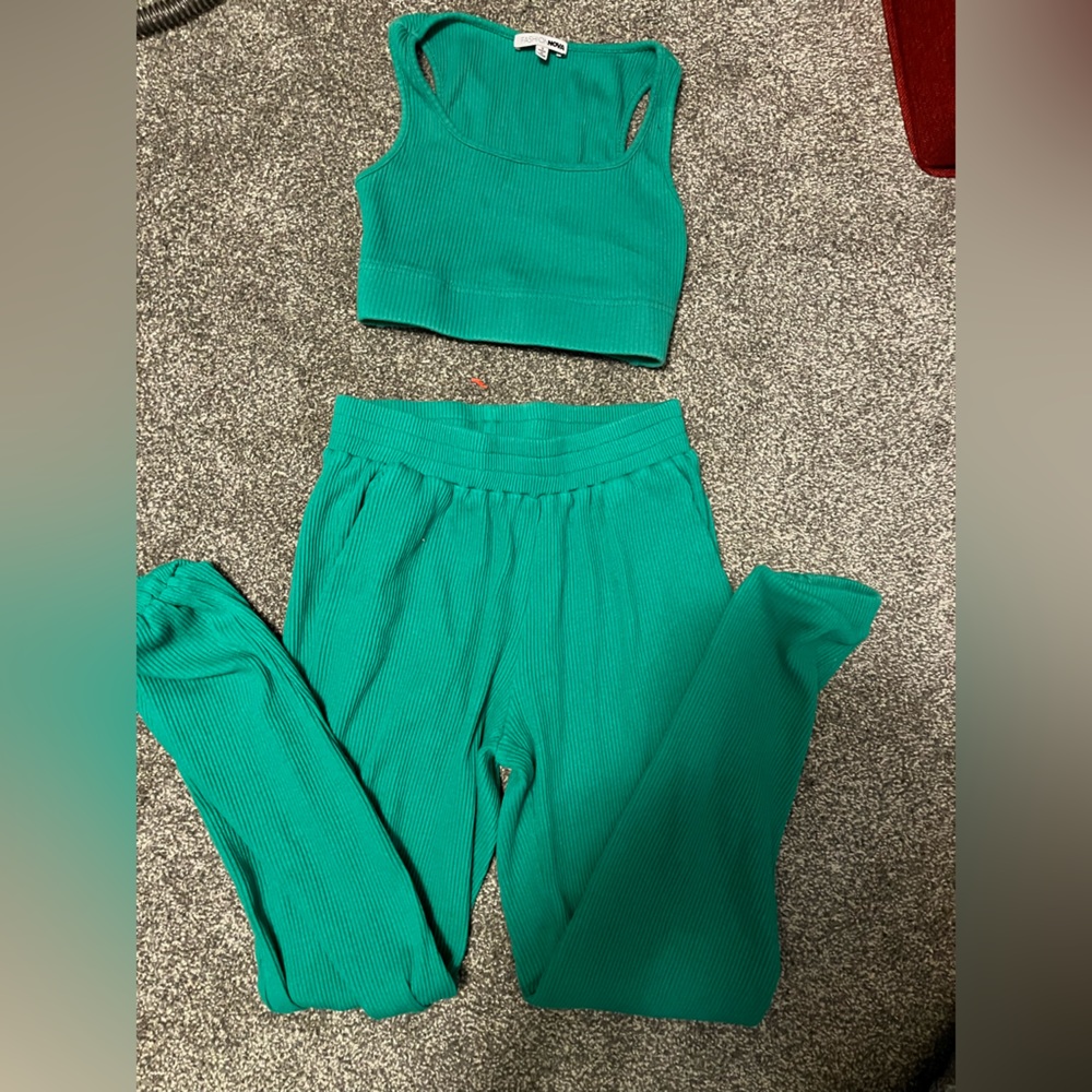 Fashion Nova Teal Track Pants & Crop Top Set